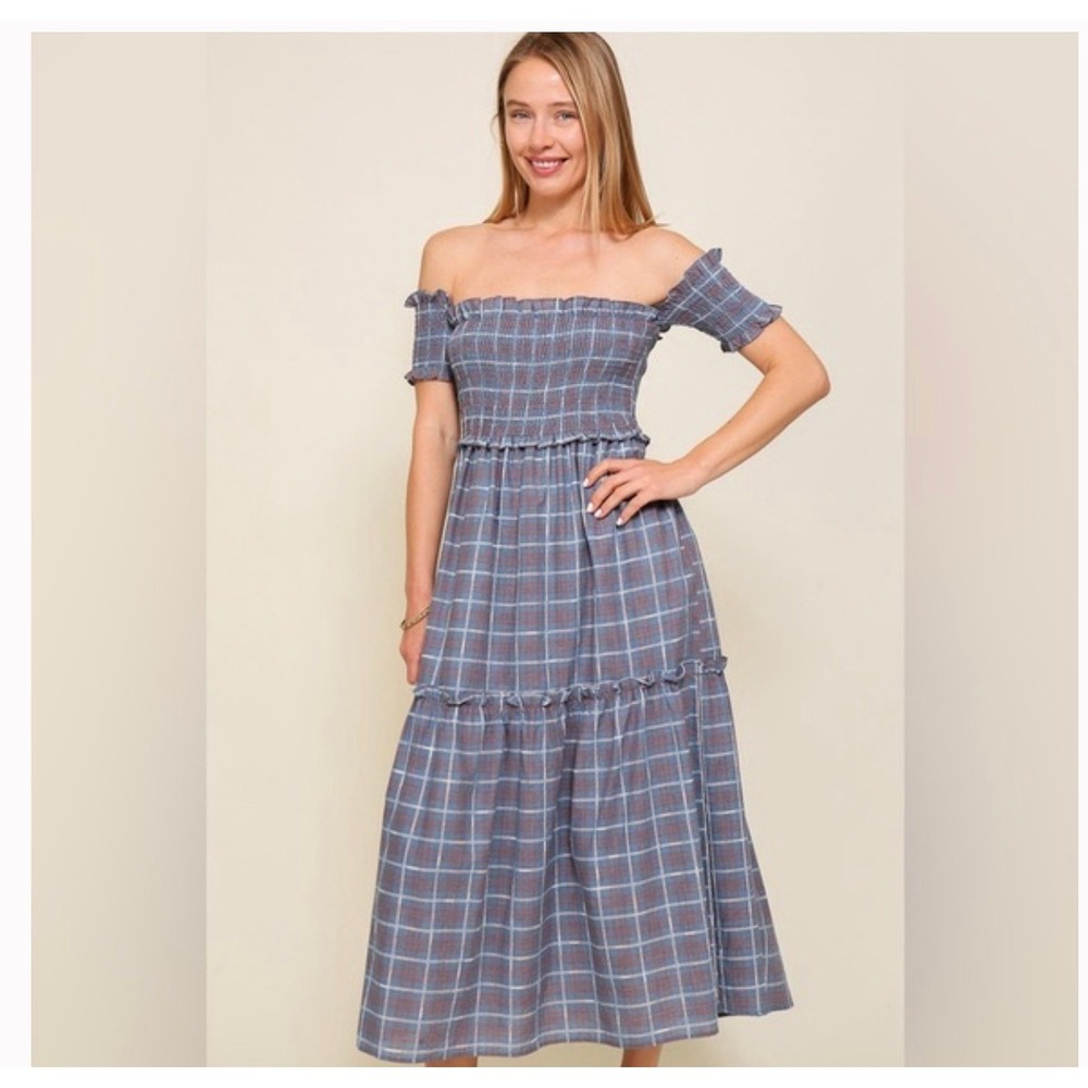Lumiere Blue Plaid Smocked Off Shoulder Midi Dress Tiered Ruffle Womens Small